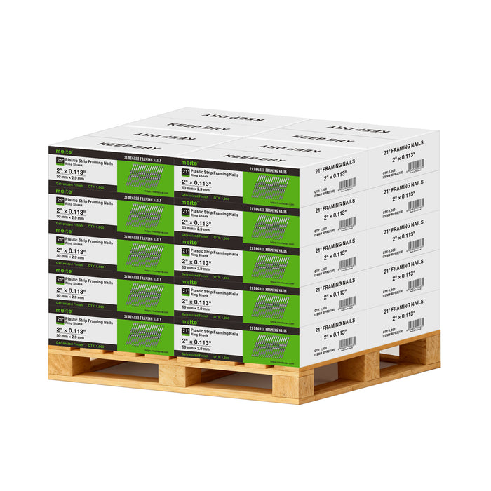 Meite USA 21-degree 2 inch length framing nails, with 20 boxes at 1000 pieces per box, displayed on a white background