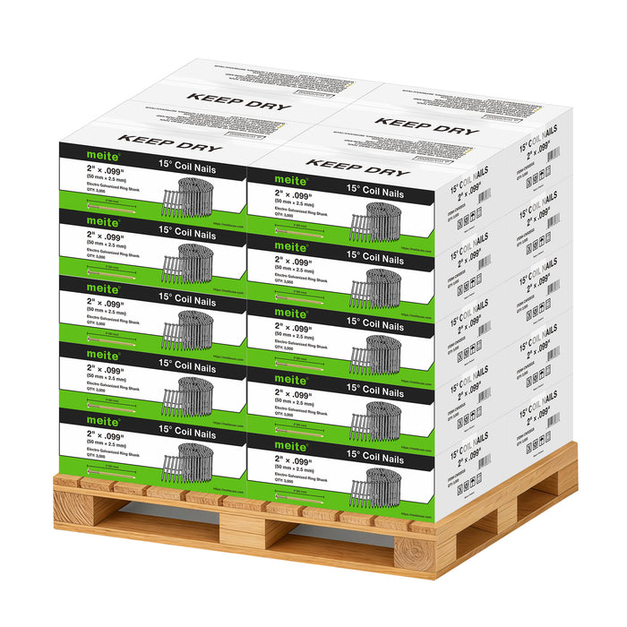 Meite USA 2 inch length coil siding nails, a full pallet with 20 boxes at 3000 pieces per box, displayed on a white background