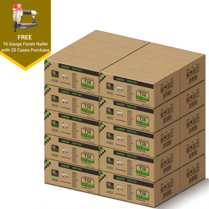 Meite USA 16 gauge 1-1/2 inch length finish nails, 20 cases at 12 boxes per case, displayed with one included 16 gauge finish nailer on a white background