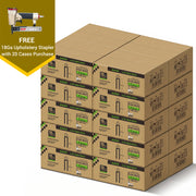 Meite USA 18 gauge 1/4 inch crown staples in 1 inch length, 20 cases at 10 boxes per case, displayed with one included 18 gauge upholstery stapler on a white background