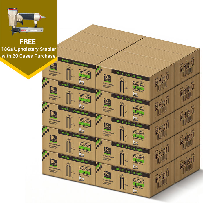Meite USA 18 gauge 1/4 inch crown staples in 1 inch length, 20 cases at 10 boxes per case, displayed with one included 18 gauge upholstery stapler on a white background