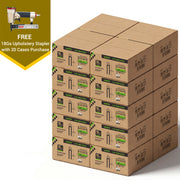 Meite USA 18 gauge 1/4 inch crown staples in 3/4 inch length, 20 cases at 10 boxes per case, displayed with one included 18 gauge upholstery stapler on a white background