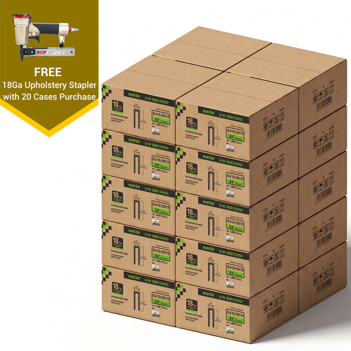 Meite USA 18 gauge 1/4 inch crown staples in 3/4 inch length, 20 cases at 10 boxes per case, displayed with one included 18 gauge upholstery stapler on a white background