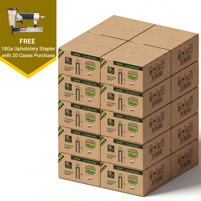 Meite USA 18 gauge 1/4 inch crown staples in 5/8 inch length, 20 cases at 10 boxes per case, displayed with one included 18 gauge upholstery stapler on a white background