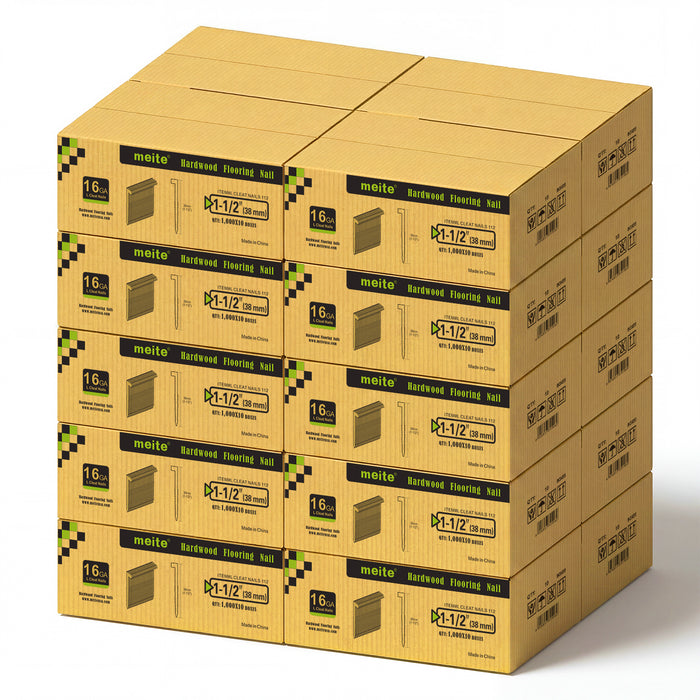 20 Cases of meite USA 16Ga 1-1/2 inch length L-cleat flooring nails, 10 boxes in one case, 200,000 PCS in total, in white background