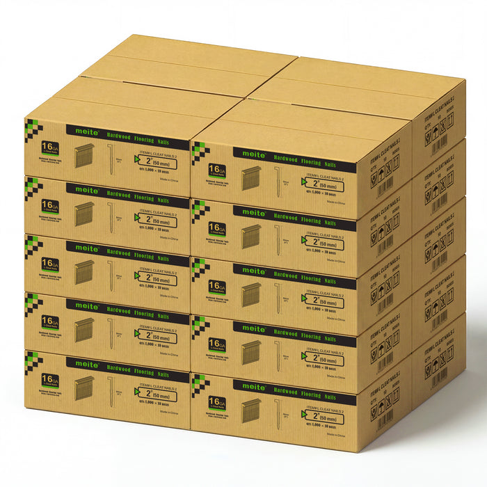 20 Cases of meite USA 16Ga 2 inch length L-cleat flooring nails, 10 boxes in one case, 200,000 PCS in total, in white background