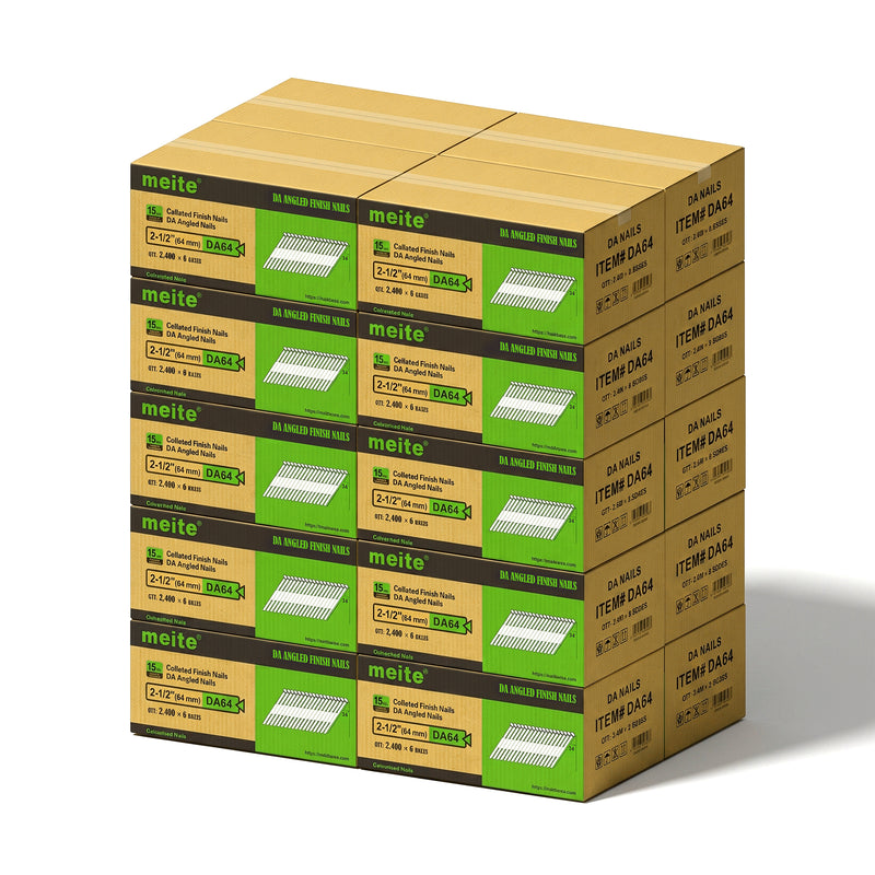 meite USA 15 gauge 34 degree 2-1/2 inches DA angled finish nails, 20 cases at 6 boxes per case, 288000 pcs in total