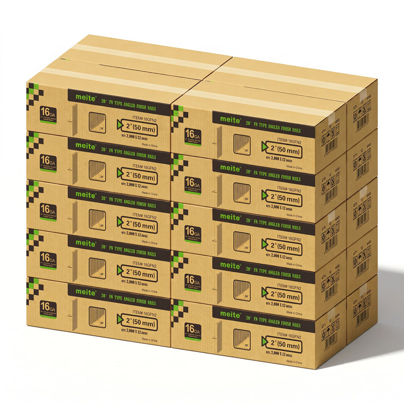 meite USA 16Ga 20 Degree 2 inch FN Angled Finish Nails, 20 cases at 12 boxes per case, 480000 pcs in total