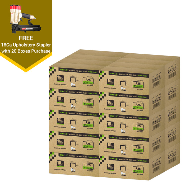 Meite USA 16 gauge 1 inch crown staples in 1 inch length, 20 boxes at 10000 pieces per box, displayed with one included 16 gauge upholstery staplers on a white background