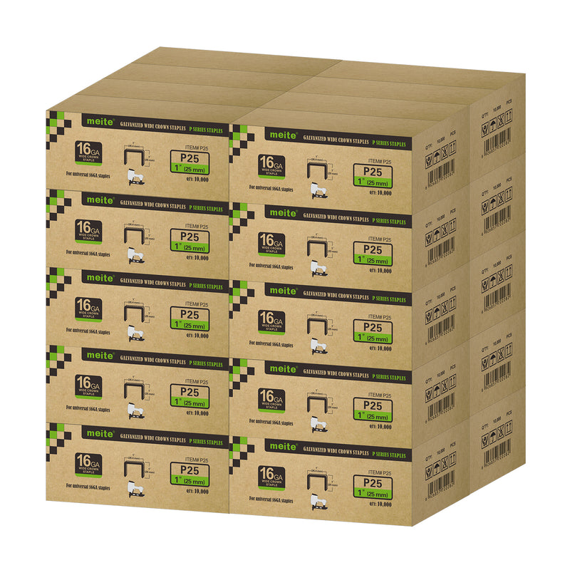 Meite USA 16 gauge 1 inch crown staples in 1 inch length, 20 boxes at 10000 pieces per box, displayed with one included 16 gauge upholstery staplers on a white background