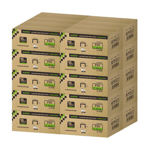Meite USA 16 gauge 1 inch crown staples in 1 inch length, 20 boxes at 10000 pieces per box, displayed with one included 16 gauge upholstery staplers on a white background