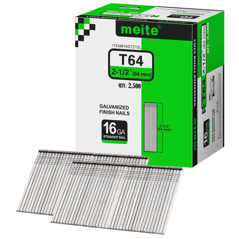 One box pack of meite USA 16 gauge 2 1/2 inch length finish nails, 2500 pieces, showing with two strips brad nails on white background