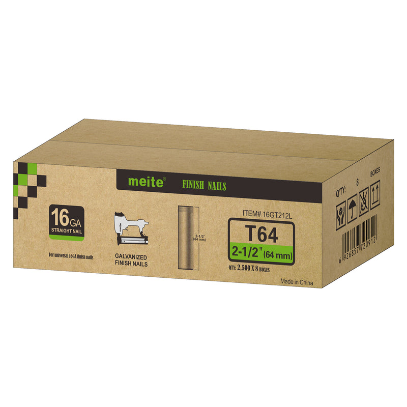 One case pack of meite USA 16 gauge 2 1/2 inch length finish nails, each box contains 2500 pieces, 18 boxes per case