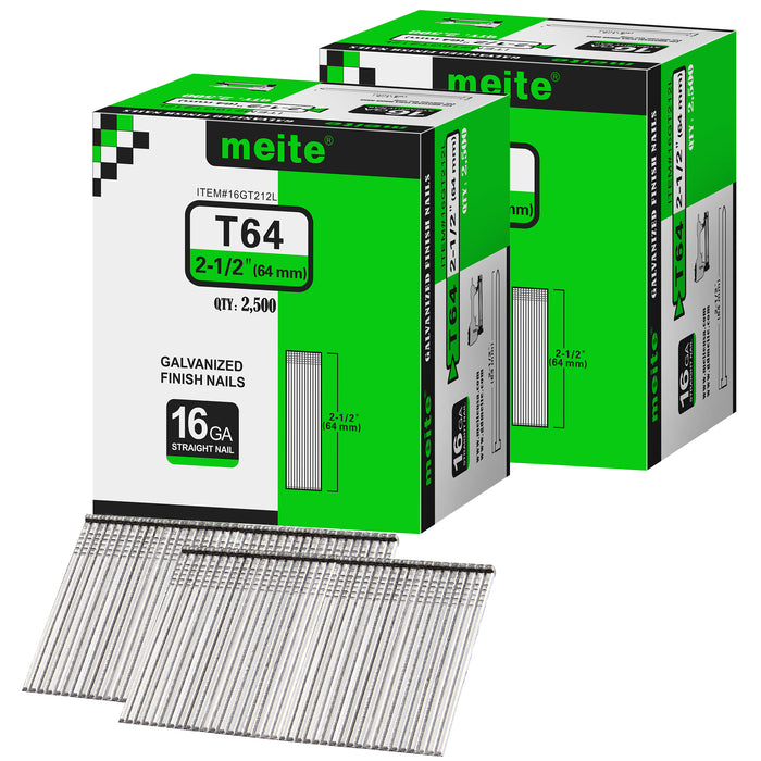 Two boxes pack of meite USA 16 gauge 2 1/2 inch length finish nails, 2500 pieces per box, showing with two strips brad nails on white background