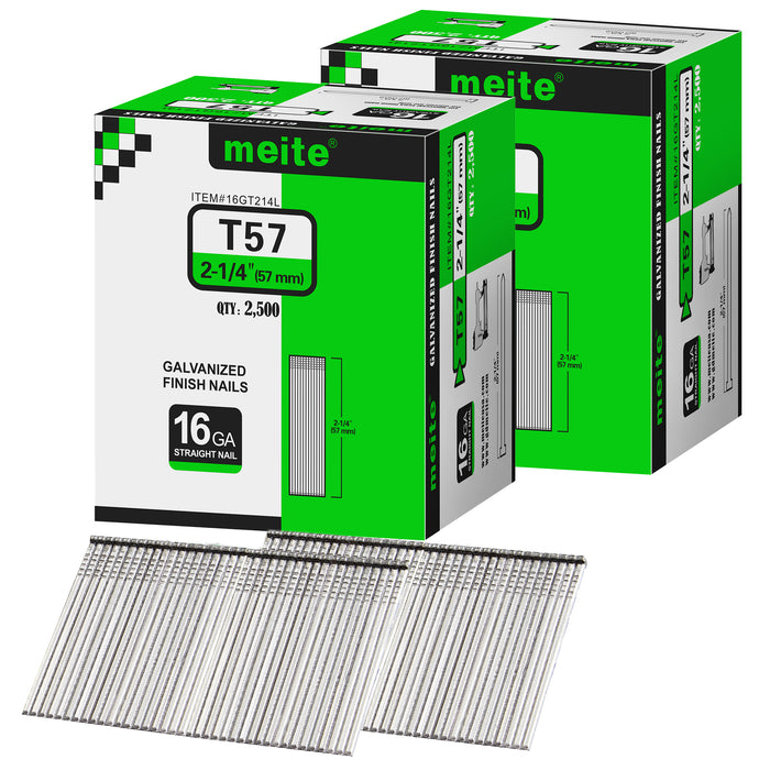 Two boxes pack of meite USA 16 gauge 2 1/4 inch length finish nails, 2500 pieces per box, showing with two strips brad nails on white background