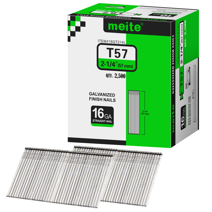 One box pack of meite USA 16 gauge 2 1/4 inch length finish nails, 2500 pieces, showing with two strips brad nails on white background