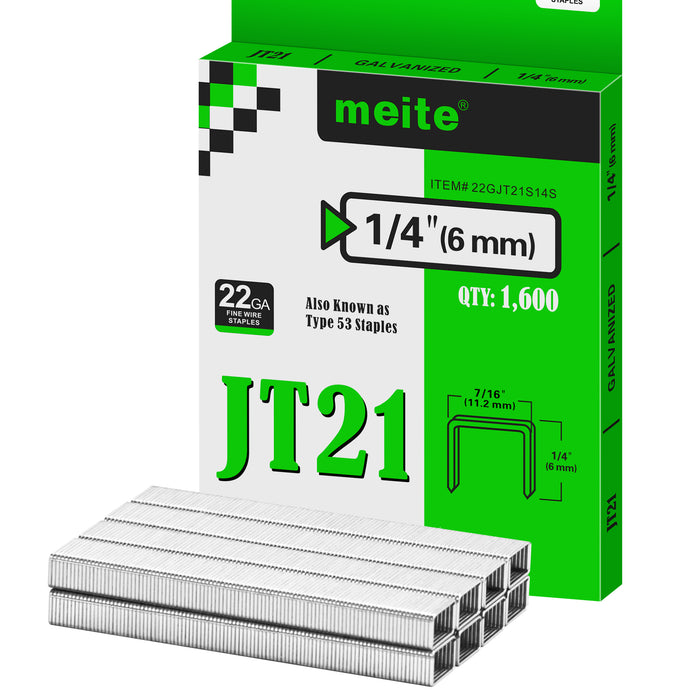 Meite USA JT21 staples pack on a white background, 22Ga galvanized staples in 1/4'' length with 1600 pieces per pack, shown with a small pile of JT21 staples in front