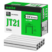 Meite USA JT21 staples box on a white background, 22Ga galvanized staples in 1/4'' length with 5000 pieces per box, shown with a small pile of JT21 staples in front