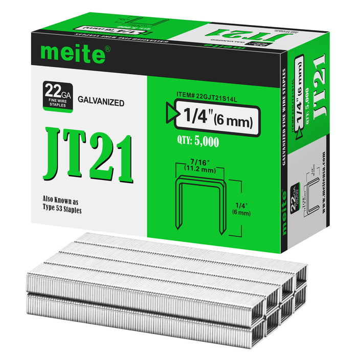 Meite USA JT21 staples box on a white background, 22Ga galvanized staples in 1/4'' length with 5000 pieces per box, shown with a small pile of JT21 staples in front