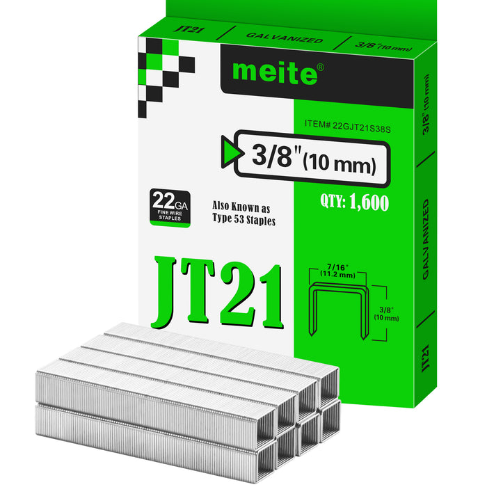 Meite USA JT21 staples pack on a white background, 22Ga galvanized staples in 3/8'' length with 1600 pieces per pack, shown with a small pile of JT21 staples in front