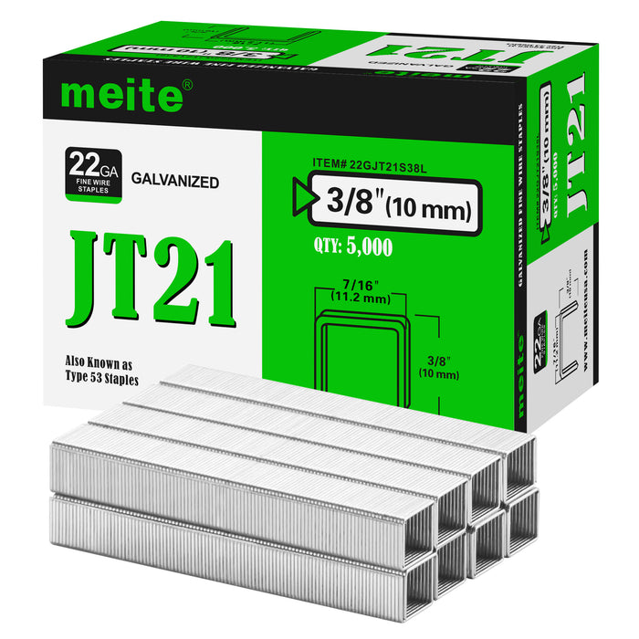 Meite USA JT21 staples box on a white background, 22Ga galvanized staples in 3/8'' length with 5000 pieces per box, shown with a small pile of JT21 staples in front