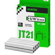 Meite USA JT21 staples pack on a white background, 22Ga galvanized staples in 5/16'' length with 1600 pieces per pack, shown with a small pile of JT21 staples in front