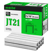 Meite USA JT21 staples box on a white background, 22Ga galvanized staples in 5/16'' length with 5000 pieces per box, shown with a small pile of JT21 staples in front