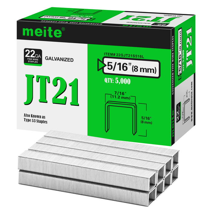 Meite USA JT21 staples box on a white background, 22Ga galvanized staples in 5/16'' length with 5000 pieces per box, shown with a small pile of JT21 staples in front