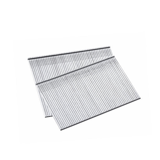 Overview of two strips of 16 gauge finish nails in white background