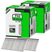 Two boxes pack of meite USA 16 gauge 2 inch length finish nails, 2500 pieces per box, showing with two strips brad nails on white background