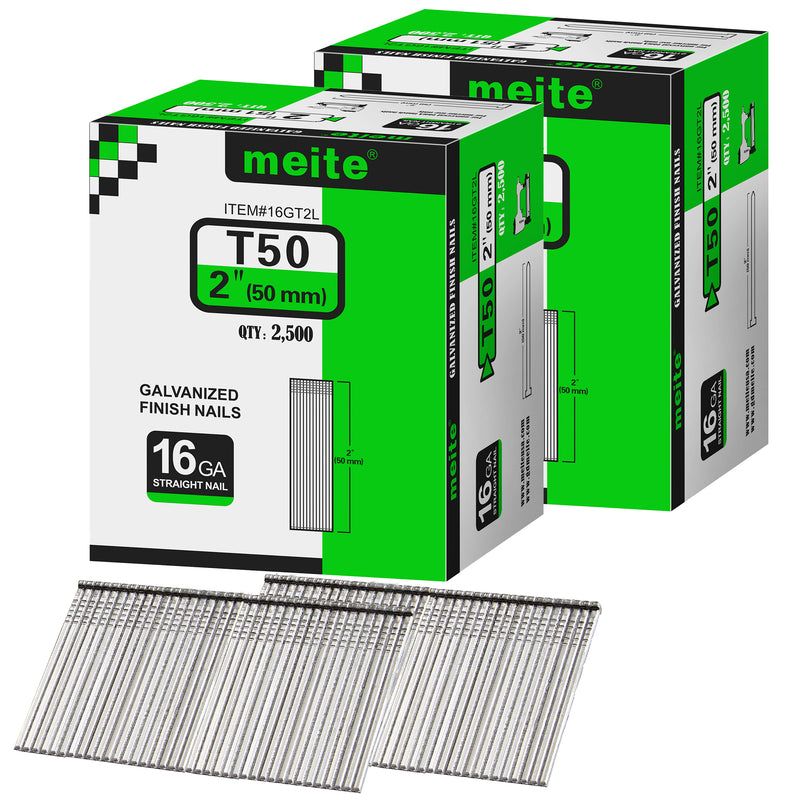 Two boxes pack of meite USA 16 gauge 2 inch length finish nails, 2500 pieces per box, showing with two strips brad nails on white background