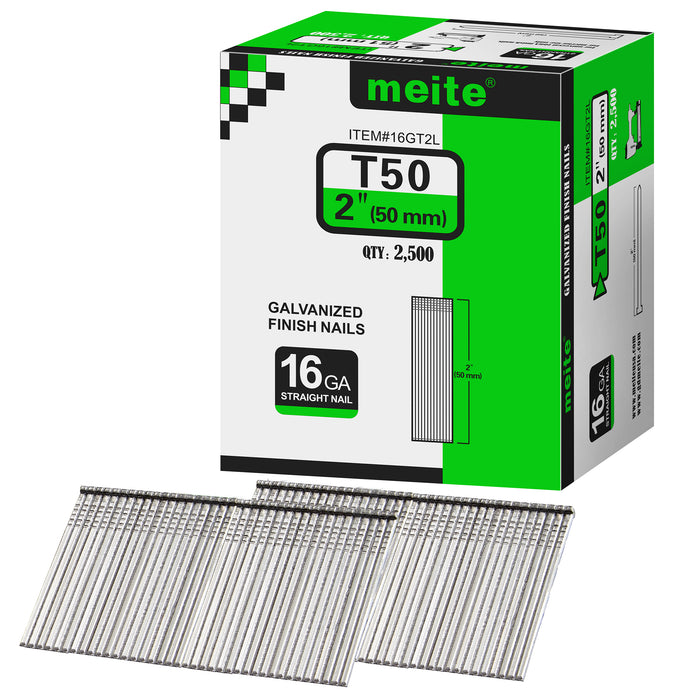 One box pack of meite USA 16 gauge 2 inch length finish nails, 2500 pieces, showing with two strips brad nails on white background