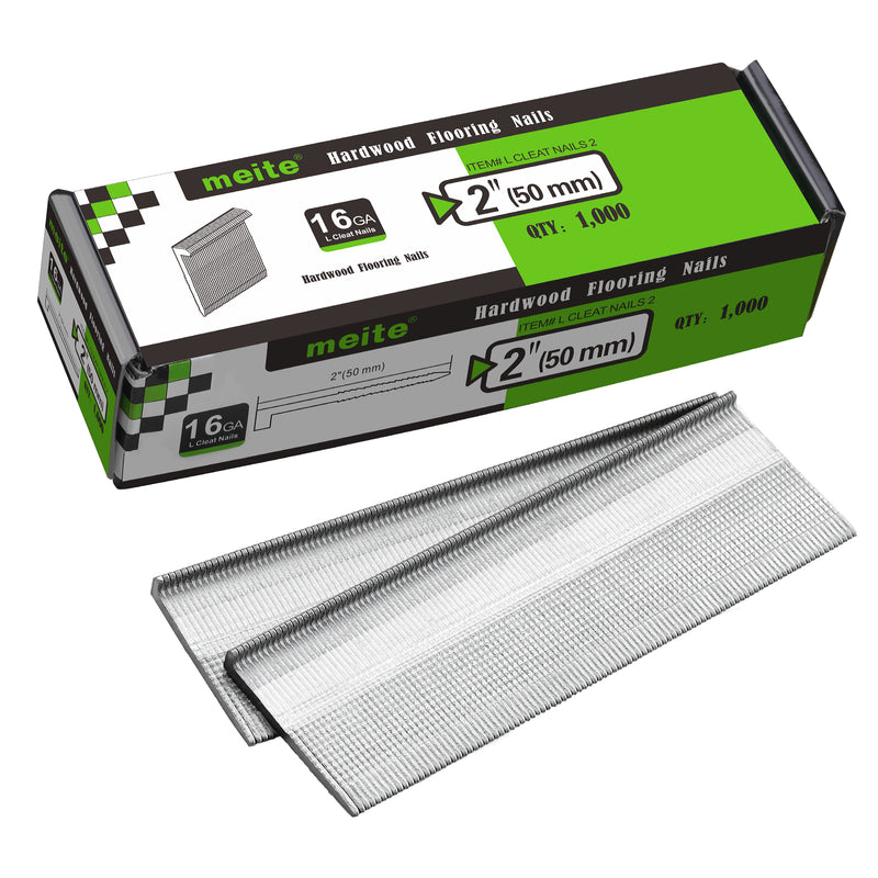 Meite USA 18Ga 2 inch length L-cleat flooring nails packaging box with with two strips flooring nails on white background