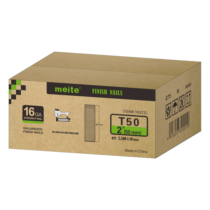 One case pack of meite USA 16 gauge 2 inch length finish nails, each box contains 2500 pieces, 18 boxes per case