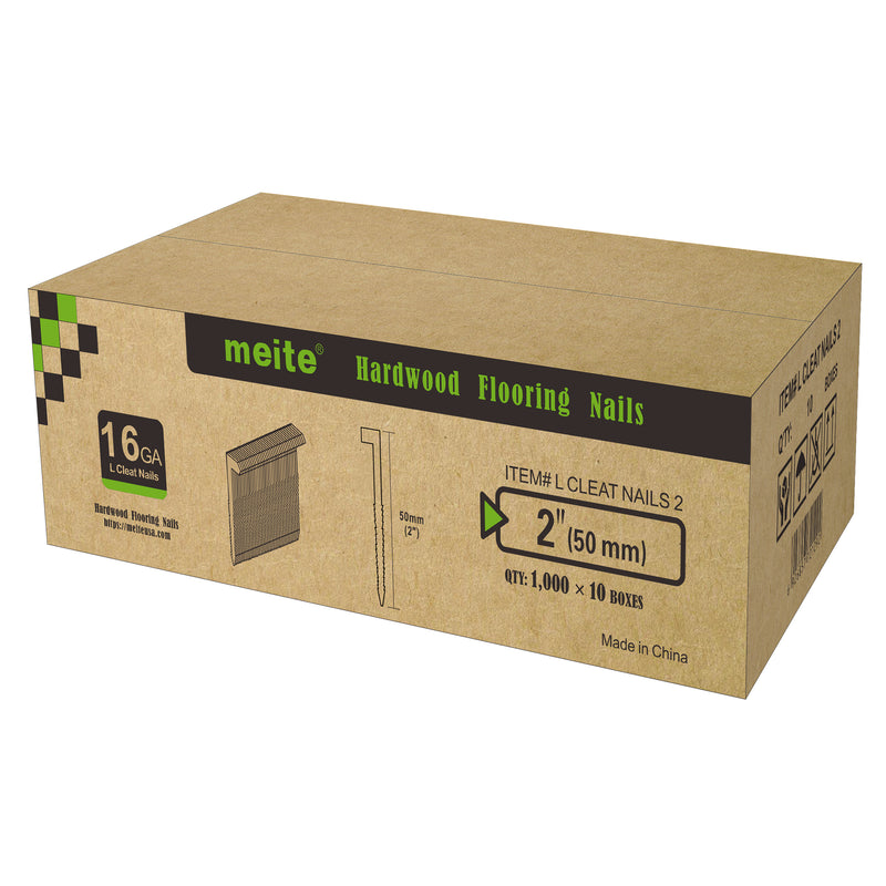 Meite USA 16Ga 2 inch length L-cleat flooring nails, 10 boxes in one case, white background