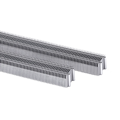 Close-up view of two strips of meite USA 1/2" Crown Corrugated Fasteners on white background
