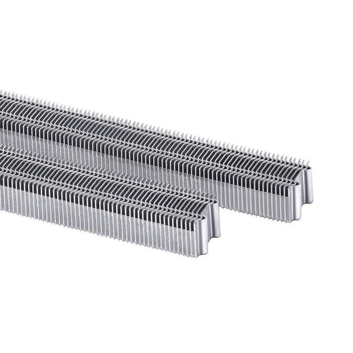 Close-up view of two strips of meite USA 1/2" Crown Corrugated Fasteners on white background