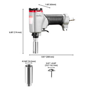 Size information of meite USA 1620 pneumatic decorative nailer, sleeve and compatible deco tacks on white background