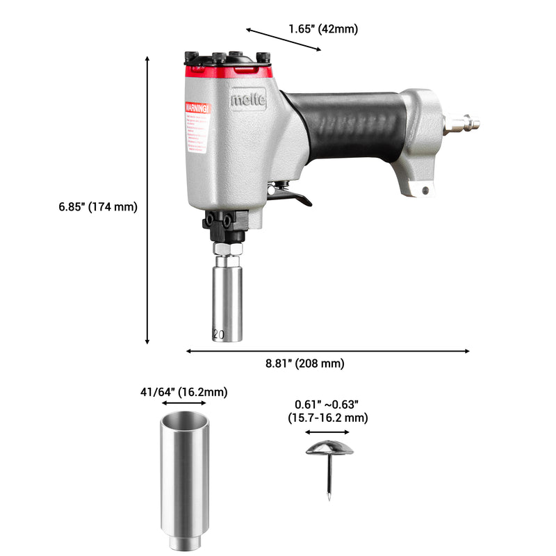 Size information of meite USA 1620 pneumatic decorative nailer, sleeve and compatible deco tacks on white background