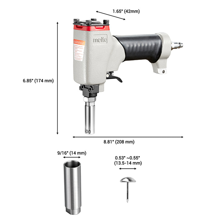 Size information of meite USA pneumatic decorative nailer, sleeve and compatible deco tacks on white background