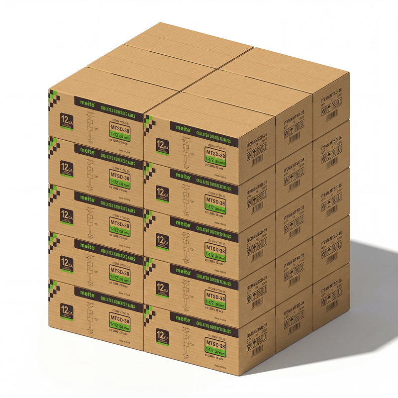 30 boxes of Meite USA 1-1/2'' Plastic Collated Concrete Pins displayed on a white background, including 10,000 pcs per box