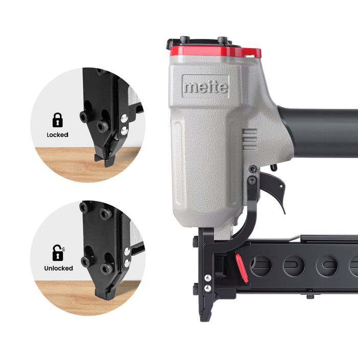 Deatiled view of locked and unlocked muzzle on the meite USA 440KB 18Ga 1/4'' Crown Pneumatic Upholstery stapler in white background