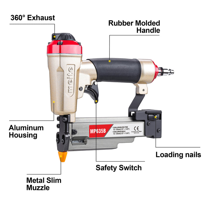 Features diagram of meite USA MP635B 22Ga pneumatic pin nailer highlighting key parts such as 360° exhaust outlet, rubber handle, metal muzzle, safety switch