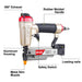 Features diagram of meite USA MP635B 22Ga pneumatic pin nailer highlighting key parts such as 360° exhaust outlet, rubber handle, metal muzzle, safety switch