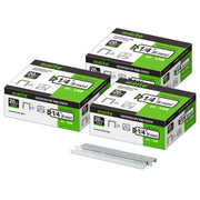 Meite USA three boxes of 20Ga 1/2-inch crown 1/4'' length upholstery staples with 5040 pieces per box on a white background, shown with two rows of galvanized staples in front