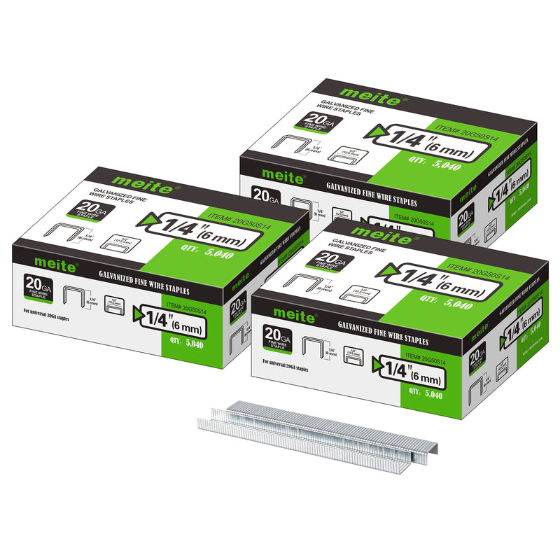 Meite USA three boxes of 20Ga 1/2-inch crown 1/4'' length upholstery staples with 5040 pieces per box on a white background, shown with two rows of galvanized staples in front