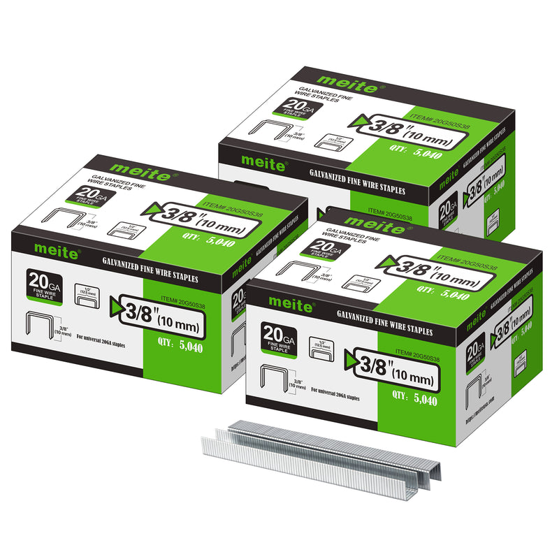 Meite USA three boxes of 20Ga 1/2-inch crown 3/8'' length upholstery staples with 5040 pieces per box on a white background, shown with two rows of galvanized staples in front