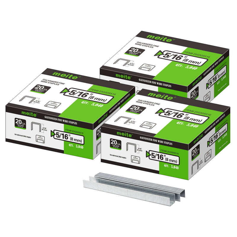 Meite USA three boxes of 20Ga 1/2-inch crown 5/16'' length upholstery staples with 5040 pieces per box on a white background, shown with two rows of galvanized staples in front