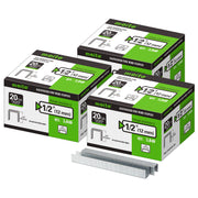Meite USA three boxes of 20Ga 1/2-inch crown 1/2'' length upholstery staples with 5040 pieces per box on a white background, shown with two rows of galvanized staples in front