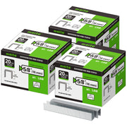 Meite USA three boxes of 20Ga 1/2-inch crown 5/8'' length upholstery staples with 5040 pieces per box on a white background, shown with two rows of galvanized staples in front